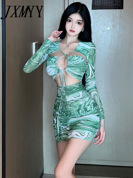 imCharms 2023 Autumn And Winter Long-Sleeved Hollow Sexy Temperament Low-Cut European And American Dress Women