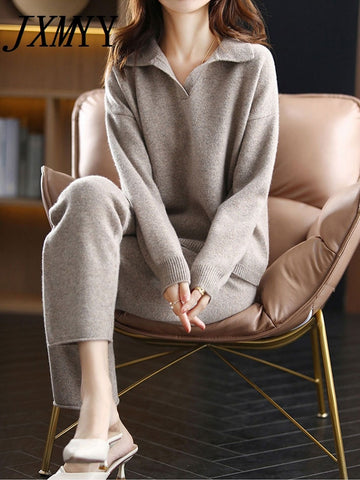imCharms 2023 Autumn And Winter Cashmere Suit Women Loose Lapel Sweater Wide Leg Pants Knitted Wool Two-Piece Trend