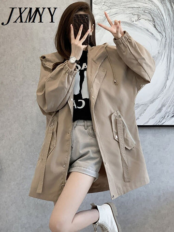 imCharms 2023 Autumn And Winter Windbreaker Women's Mid-Length Thin Solid Color Simple Temperament Coat Casual Hooded