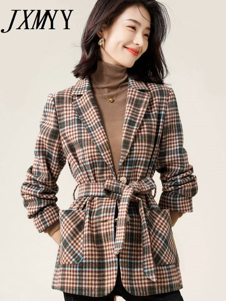 imCharms 2023 Autumn And Winter Vintage Plaid Commuter Elegant Temperament Versatile Women's Coat Top