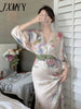 imCharms 2023 Autumn Products Waist Printing Temperament Dress Long-Sleeved V-Neck Spring Dress Women