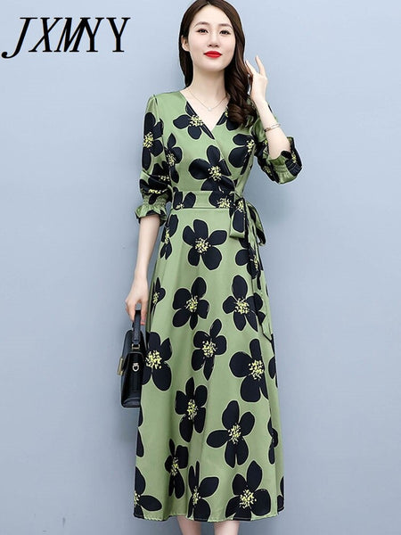 imCharms 2023 Autumn Waist Mid-Length Women's Skirt Long-Sleeved Elegant Temperament Printed Dress