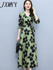 imCharms 2023 Autumn Waist Mid-Length Women's Skirt Long-Sleeved Elegant Temperament Printed Dress