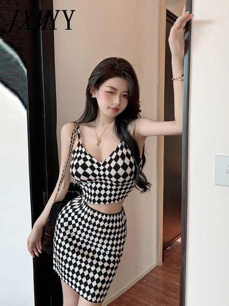 imCharms 2023 Autumn Knitted Suit Houndstooth Lingerie Elegant Temperament Camisole Skirt Women's Clothing