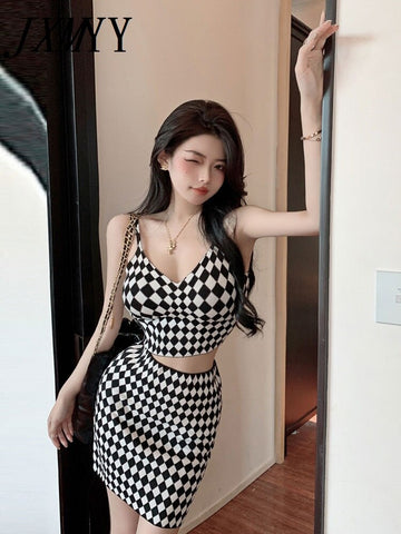 imCharms 2023 Autumn Knitted Suit Houndstooth Lingerie Elegant Temperament Camisole Skirt Women's Clothing
