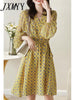 imCharms 2023 Autumn Long-Sleeved Temperament Dress Women's High-End Print Lace-Up Splicing Waist Slim Mid-Length
