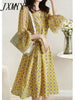 imCharms 2023 Autumn Long-Sleeved Temperament Dress Women's High-End Print Lace-Up Splicing Waist Slim Mid-Length