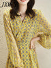 imCharms 2023 Autumn Long-Sleeved Temperament Dress Women's High-End Print Lace-Up Splicing Waist Slim Mid-Length