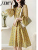 imCharms 2023 Autumn Long-Sleeved Temperament Dress Women's High-End Print Lace-Up Splicing Waist Slim Mid-Length