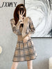 imCharms 2023 Autumn Suit Women's Long-Sleeved Elegant V-Neck Plaid Top Double-Breasted High-End Two-Piece Skirt