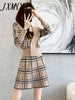 imCharms 2023 Autumn Suit Women's Long-Sleeved Elegant V-Neck Plaid Top Double-Breasted High-End Two-Piece Skirt