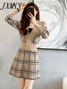 imCharms 2023 Autumn Suit Women's Long-Sleeved Elegant V-Neck Plaid Top Double-Breasted High-End Two-Piece Skirt