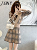 imCharms 2023 Autumn Suit Women's Long-Sleeved Elegant V-Neck Plaid Top Double-Breasted High-End Two-Piece Skirt
