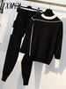 imCharms 2023 Autumn Runway 2 Pieces Set Knitted Long Sleeve Pullovers Sweater Casual Patchwork Knit Jumper Tops and Pants Suits