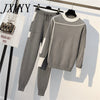imCharms 2023 Autumn Runway 2 Pieces Set Knitted Long Sleeve Pullovers Sweater Casual Patchwork Knit Jumper Tops and Pants Suits