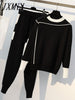 imCharms 2023 Autumn Runway 2 Pieces Set Knitted Long Sleeve Pullovers Sweater Casual Patchwork Knit Jumper Tops and Pants Suits