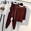 imCharms 2023 Autumn Runway 2 Pieces Set Knitted Long Sleeve Pullovers Sweater Casual Patchwork Knit Jumper Tops and Pants Suits