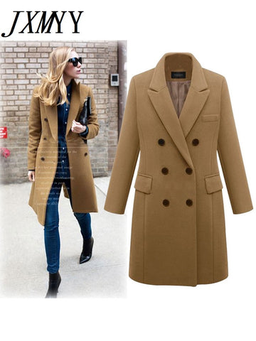 imCharms 2023 Autumn Winter Women Coats Casual Jackets Woolen Overcoat Elegant Double Breasted Long Ladies Coat Plus Size Outwear