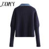 imCharms 2023 Autumn Women Loose Single Breasted Versatile Long Sleeve Patchwork Denim Top Knitted Cardigan Sweater Knitted