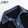 imCharms 2023 Autumn Women Loose Single Breasted Versatile Long Sleeve Patchwork Denim Top Knitted Cardigan Sweater Knitted