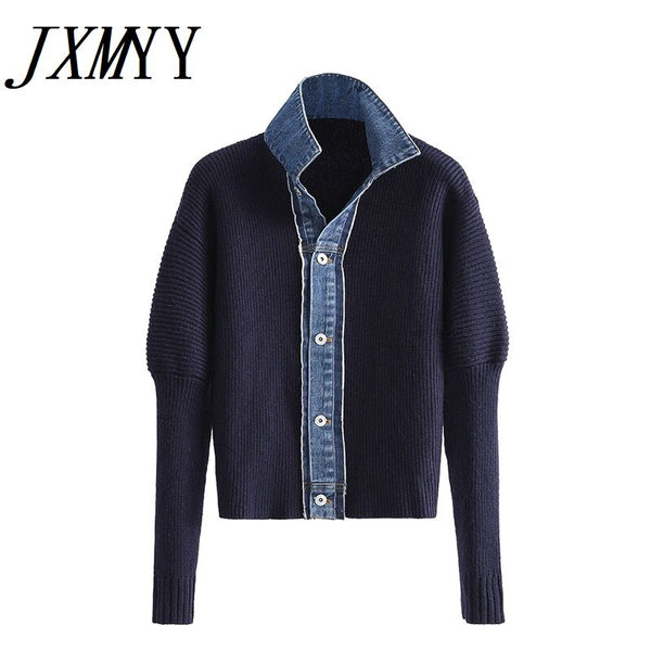 imCharms 2023 Autumn Women Loose Single Breasted Versatile Long Sleeve Patchwork Denim Top Knitted Cardigan Sweater Knitted