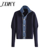 imCharms 2023 Autumn Women Loose Single Breasted Versatile Long Sleeve Patchwork Denim Top Knitted Cardigan Sweater Knitted