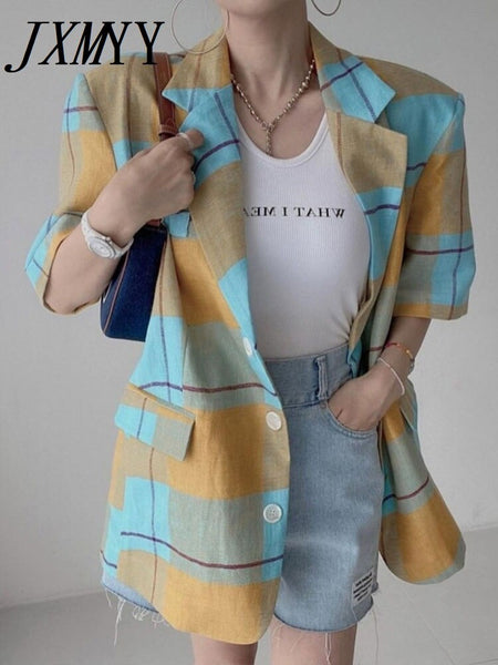imCharms 2023 Chic Summer Retro Temperament Casual All-Match Lapel Single-Breasted Plaid Blazer Women's Clothing