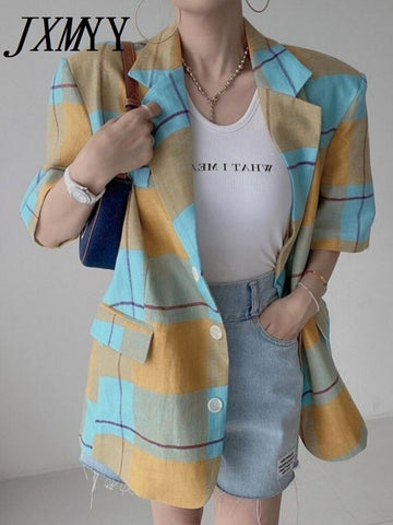 imCharms 2023 Chic Summer Retro Temperament Casual All-Match Lapel Single-Breasted Plaid Blazer Women's Clothing