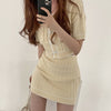 imCharms 2023 Chic Summer Round Neck Single-Breasted Short Knitted Sweater + High Waist Bag Hip Short Skirt Suit