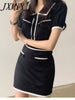 imCharms 2023 Chic Summer Elegant Temperament Short-Sleeved Contrasting Knitted Sweater + A-Line Short Skirt Suit