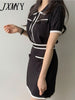 imCharms 2023 Chic Summer Elegant Temperament Short-Sleeved Contrasting Knitted Sweater + A-Line Short Skirt Suit
