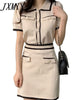 imCharms 2023 Chic Summer Elegant Temperament Short-Sleeved Contrasting Knitted Sweater + A-Line Short Skirt Suit