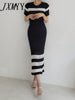 imCharms 2023 Chic Summer Slim And Elegant Temperament Simple Striped Hollow Knitted Sweater + Skirt Two-Piece Women's Clothing