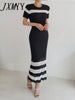 imCharms 2023 Chic Summer Slim And Elegant Temperament Simple Striped Hollow Knitted Sweater + Skirt Two-Piece Women's Clothing