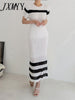 imCharms 2023 Chic Summer Slim And Elegant Temperament Simple Striped Hollow Knitted Sweater + Skirt Two-Piece Women's Clothing