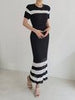 imCharms 2023 Chic Summer Slim And Elegant Temperament Simple Striped Hollow Knitted Sweater + Skirt Two-Piece Women's Clothing