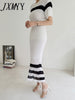 imCharms 2023 Chic Summer Slim And Elegant Temperament Simple Striped Hollow Knitted Sweater + Skirt Two-Piece Women's Clothing