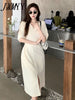 imCharms 2023 Elegant Temperament Simple High-End Dress Women's Summer V-Neck Puff Sleeves Waist Thin Solid Color Skirt