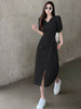 imCharms 2023 Elegant Temperament Simple High-End Dress Women's Summer V-Neck Puff Sleeves Waist Thin Solid Color Skirt