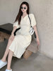 imCharms 2023 Elegant Temperament Simple High-End Dress Women's Summer V-Neck Puff Sleeves Waist Thin Solid Color Skirt