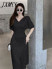 imCharms 2023 Elegant Temperament Simple High-End Dress Women's Summer V-Neck Puff Sleeves Waist Thin Solid Color Skirt