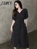 imCharms 2023 Elegant Temperament Simple High-End Dress Women's Summer V-Neck Puff Sleeves Waist Thin Solid Color Skirt