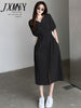 imCharms 2023 Elegant Temperament Simple High-End Dress Women's Summer V-Neck Puff Sleeves Waist Thin Solid Color Skirt