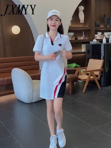imCharms 2023 Love Casual Simple Dress Color Matching Polo Collar Summer Temperament Slim Mid-Length Women's Skirt