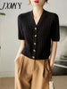 imCharms 2023 Elegant V-Neck Starfish Button Cardigan Short-Sleeved Women's Summer Thin Knitted Short Shirt Top