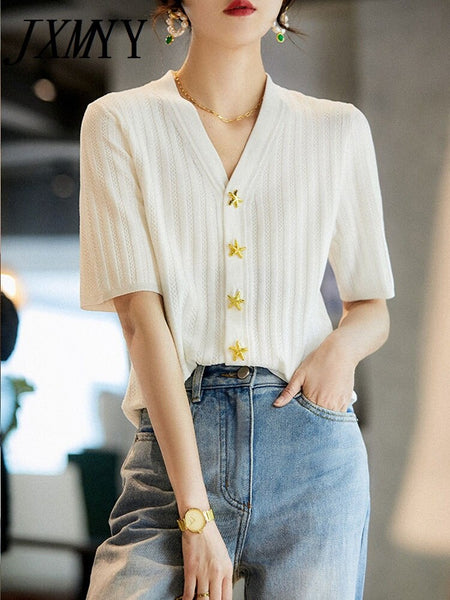 imCharms 2023 Elegant V-Neck Starfish Button Cardigan Short-Sleeved Women's Summer Thin Knitted Short Shirt Top