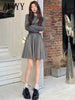imCharms 2023 Hepburn Style Stitching Small Black Leather Skirt Long Sleeve Slim Sweater Knit Dress Fall