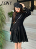 imCharms 2023 Hepburn Style Stitching Small Black Leather Skirt Long Sleeve Slim Sweater Knit Dress Fall
