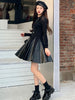 imCharms 2023 Hepburn Style Stitching Small Black Leather Skirt Long Sleeve Slim Sweater Knit Dress Fall