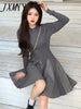 imCharms 2023 Hepburn Style Stitching Small Black Leather Skirt Long Sleeve Slim Sweater Knit Dress Fall
